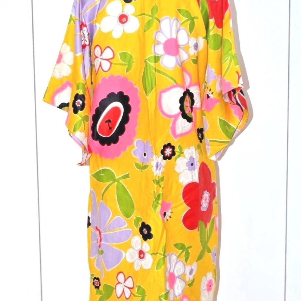 Vintage 70s Janet Lynn floral caftan dress, Kimono sleeve, psychedelic, S/M/L - Picture 4 of 9